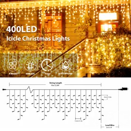 MEHOFOND Christmas Icicle Lights Outdoor for, 33ft 400LED, 8 Modes, 75drops Fairy Waterfall Lights Indoor Waterproof, Plug in Led Timer String Lights for Holiday Garden Patio Decorations (Warm White)