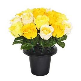 SF ARTIFICIAL YELLOW OPEN ROSE GRAVE POT WITH 16 FLOWERS - VASE INSERT MEMORIAL