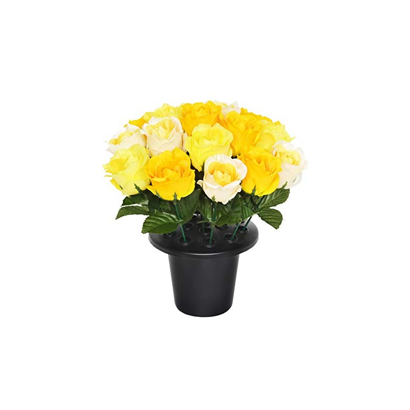 SF ARTIFICIAL YELLOW OPEN ROSE GRAVE POT WITH 16 FLOWERS