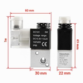 Heschen Electric Pneumatic Solenoid Valve 3V1-06 12V DC PT1/8 3/2 Way Normally Closed CE with Fittings and Silencer (DC 12V)