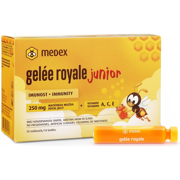 Medex Gelée Royale JUNIOR, frisches Gelée Royale 250 mg, mit natürlichen Vitaminen A, C, E, ausgezeichneter Geschmack, ohne Süßstoffe, für Kinder ab 3+, Flüssigkeit in Ampullen 10 x 9 ml
