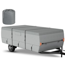 Tuszom Pop Up Camper Cover, 7 Layers Waterproof Folding Camping Trailer Cover for Snow Upgraded Tearproof RV Cover with 5+2 Windproof Strapsand Storage Bag (Gray, 8'-10' Length)