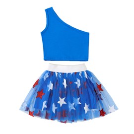 Socutebabe 4th of July Toddler Girl Outfit Baby USA T-Shirt and Tulle Tutu Skirts Little Girls Dress Fourth Of July Clothes (U One shoulder Stars Blue, 18-24 Months)