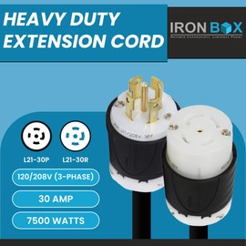 IronBox Electric - L21-30 Extension Cord - 8/5 SOOW Cable Jacket, 30A Rated, 120/208V (3-Phase) - Ideal for Transfer Switches, Data Centers, Industrial Settings, and High-Powered Applications(10 ft)