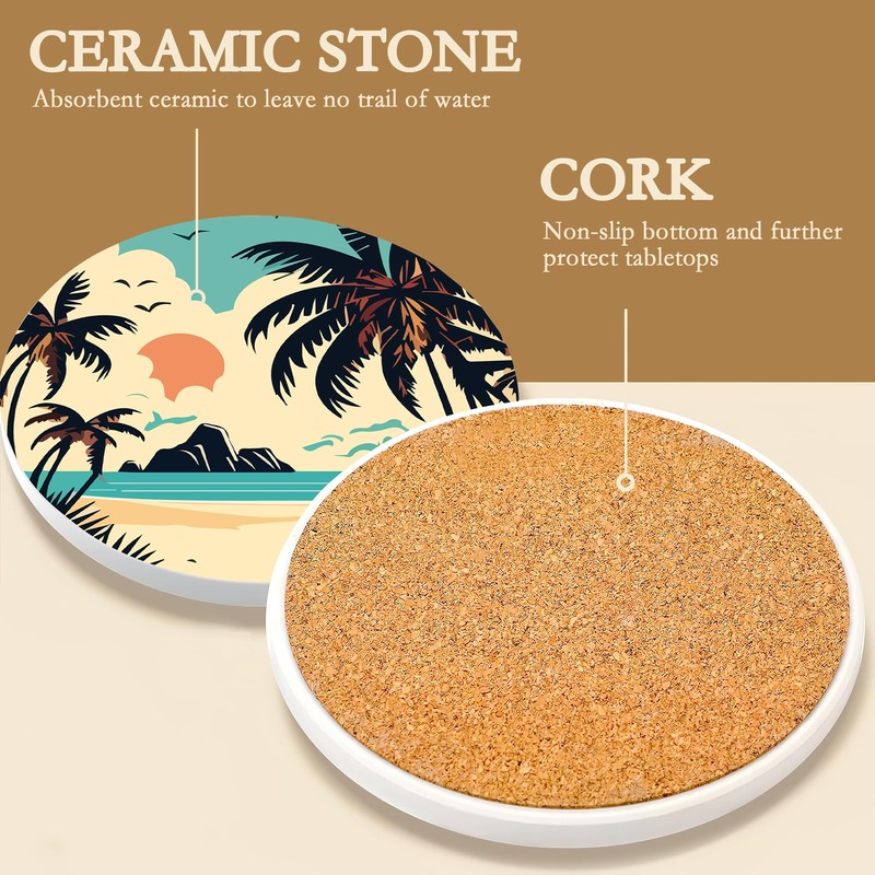 Drink Coasters with Holder,6 Pcs Palm Trees Beach Sunset Absorbent