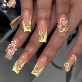 HOSAILY 3D Flower Milky Yellow Summer French Tip Press on Nails Long Square with Embossed Floral Metal Butterfly Charms, 24PcsFull Kit Summer Daisy Design Full Cover Glue on Fake False Nail for women