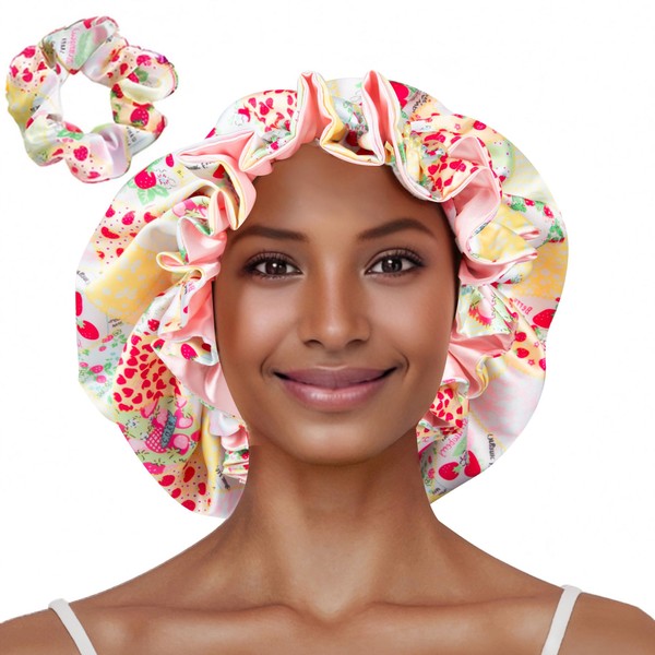 Vettres Floral Satin Bonnet with Scrunchie Set,Double Layer Ruffle Reusable