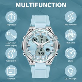 findtime Ladies Sport Digital Watches Wrist Watch for Women with Waterproof Dual Time Date Luminous Back Light Week Alarm Stopwatch White Black Blue Green