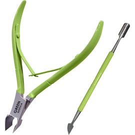Cuticle Trimmer with Cuticle Pusher Professional Stainless Steel Cuticle Cutter Sharp Blades Double Spring Cuticle Nippers for Nail Care Pedicure Manicure Nail Tools for Home Spa (Green)