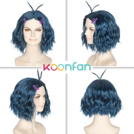 Koonfan Women Short Wavy Blue Wig with Purple Hairpins Center Part Anime Cosplay Wig