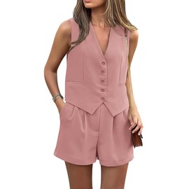 PRETTYGARDEN Women Summer 2 Piece Outfits V Neck Sleeveless Button Down Vest Shorts Sets Business Work Matching Set 2025, Solid Pink, Medium