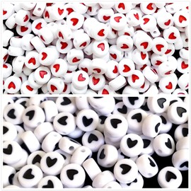Amaney 500Pcs Heart Beads 7x4mm Round Acrylic Beads Black and Red for Jewelry Making