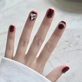 Onsdag Press on Nails Square Short, 24Pcs Acrylic Dark Red False Nails with Big Heart Rhinestone Designs Glossy Full Cover Reusable Artificial Coffin Fake Nails Sets with Glue for Women Girls
