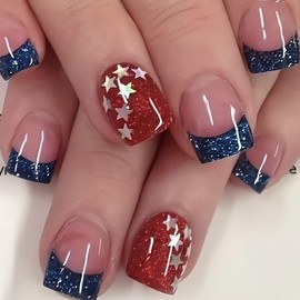 Independence Day Press on Nails Short Square French Tip Fake Nails Stars Full Cover Bling Gel Glue on Nails False Nails 4th of July Nails for Women Girls Acrylic Patriotic Nails Decorations24PCS