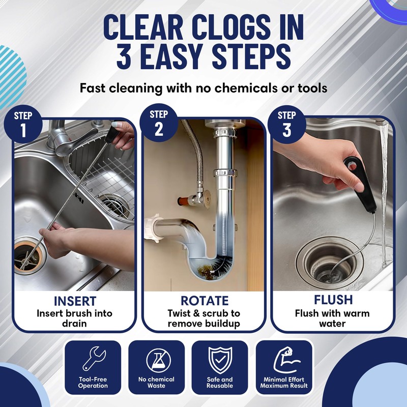 22" Long Sink Drain Cleaning Brush by FryOilSaver Co., Clog
