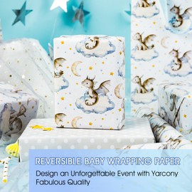 Yarcony Baby Boy Shower Wrapping Paper, Dragon Wrapping Paper, Cute Baby Dragon Theme First Baby Birthday Gift Wrap for Gift Packaging, Kid Celebration, Child Party, Gender Neutral (17 In X 33 Ft)