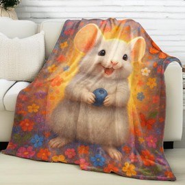 vnlvnl Cute White Mouse Blanket Lightweight Flannel Blankets Gifts for Women Animal Holding Blueberry with Colorful Flower and Butterfly Printed Throw for Couch Chair Office Bedroom Decor, 60x50inch