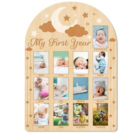 ORIGACH My First Year Baby Growth Photo Display Wood Board - 12 Months Newborn Milestones Photo Board - Neutral Baby Keepsake Frame 1st Birthday Party Nursery Decor New Mom Gift - Moon Star & Cloud