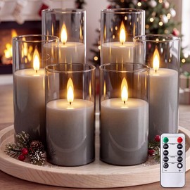 Retisee 6 Pcs Fall Flickering Flameless Candles, Acrylic Battery Operated LED Unbreakable Pillar Candles with Remote Timer 3D Wick for Halloween Thanksgiving Decor (Gray)
