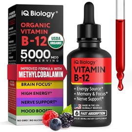 Organic Vitamin B12 Liquid Drops - Methylcobalamin 5000 mcg Sublingual - Organic B 12 Methylated for Women & Men - Vegan Vit B12 for Energy, Brain & Nerve System Support (under tongue use) - 2 fl oz