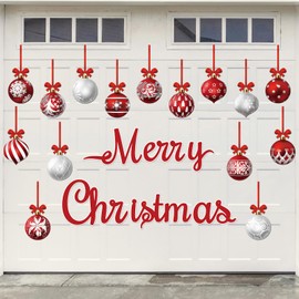 36 Pcs Christmas Garage Door Magnets Decorations, Xmas Ball Garage Door Decorations, Merry Christmas Magnets Stickers for Refrigerator Fridge Kitchen Car Indoor Outdoor Decorations, Red Silver