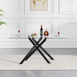 Henf 51'' Glass Dining Table for 2-4 People, Rectangle Kitchen Table w/Black Metal Legs, Dining Room Table Modern Dintte Table for Living Room Restaurant, Glass Kitchen Table for Compact Space