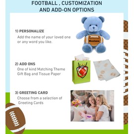 DolliBu Baby Blue Bear Stuffed Animal with Football Plush - Soft Huggable Bear, Playtime Plush Toy, Cute Wildlife Gift, Plush Doll Animal Toy for Kids and Adults with Name Personalization - 8 Inches