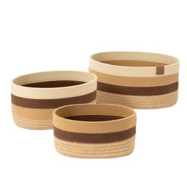 LA JOLIE MUSE Rope Storage Baskets for Organizing, Small Cotton Woven Basket for Bathroom Shelf Nursery, Decorative Basket Organizer Bins Set of 3, White & Brown