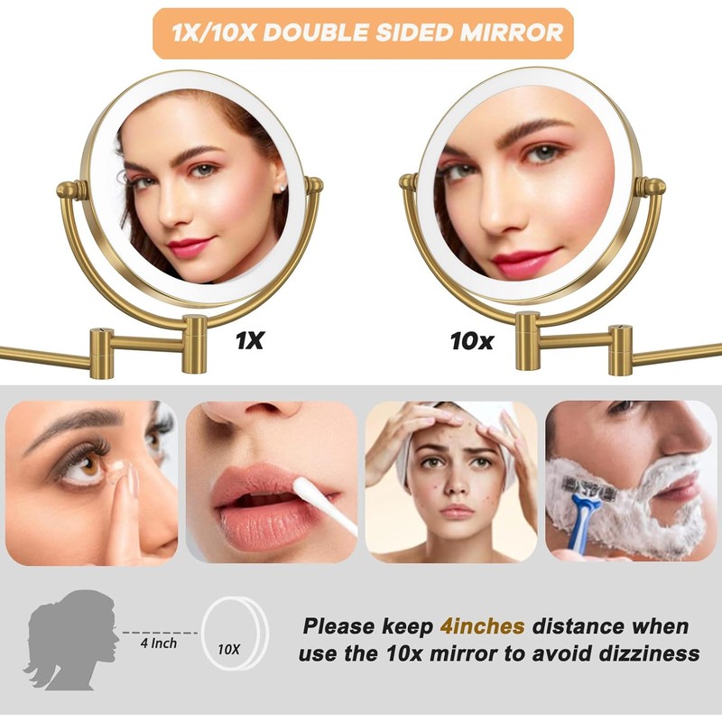 Hardwired Bathroom Makeup Mirror Wall Mount Gold, Double Sided 1/10X