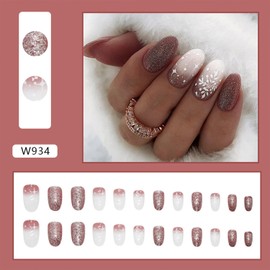 Christmas Press on Nails Oval Short Fake Nails White Light Red Gradient False Nails With Snowflake Star Designs Glitter Full Cover Stick on Nails Acrylic Winter Xmas Artificial Nails for Women 24Pcs