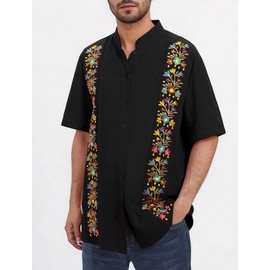 Traditional Mexican Shirts for Men Fiesta Guayabera Shirts for Men Short Sleeve Cinco De Mayo Outfit Button Down Embroidered Shirts Camisa Guayabera para Hombre Summer Dress Shirts Black XL
