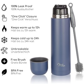 Milu Thermos Flask, Thermos Jug, 1 L, 750 ml, 500 ml, Insulated Stainless Steel Drinking Bottle, 100% Leak-Proof, Double Wall Insulation (Navy Blue, 750 ml)
