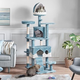 Yaheetech Cat Tree, 72.5inch Ocean-Themed Cat Tower, Multi-Level Large Cat Tree for Indoor Cats with Shark's Mouth Bed & 2 Big Condos & 2 Wide Perches & Funny Toys, Blue & White