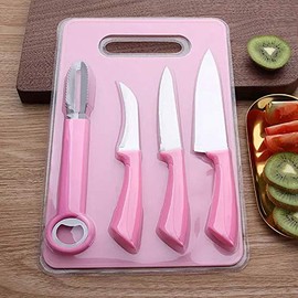 5 Pieces Kitchen Knife Set Sharp Stainless Steel Blade, Utility Knife Peeler Paring Vegetable Potato Corer and Peeling with Cutting Board Green & Pink (Pink)