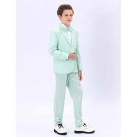 A&J DESIGN Boys Easter Outfit Kids Suit Wedding Ring Bearer Outfit Plaid Blazer Suit Pants Bow Tie Light Green 6-7 Years