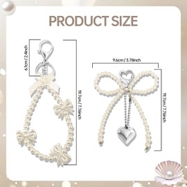 Galaton 2pcs Y2k Bow Keychain Bag Charms for Women, Cute Bow Pearl Keychain Charms Silver Heart Aesthetic Pendant for Purse Handbags Backpack