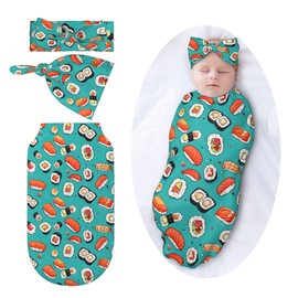 Figtihw Sushi Swaddle Blankets Newborn Receiving Blanket Baby Swaddle Wrap with Headband Hat Set for Baby Girls Boys