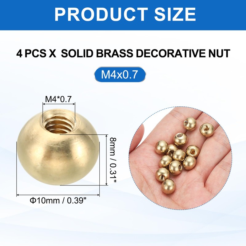 PATIKIL M4x10mm Thread Cap Nuts Knob, 4pcs Brass Ball Lamp