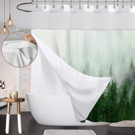 ORTIGIA Double Misty Forest Shower Curtain Set with Snap in Liner for Bathroom, Green Nature Shower Curtains with See Through Top Window, Luxury Fabric Tree Bath Curtain, 72x72 with Metal Hooks