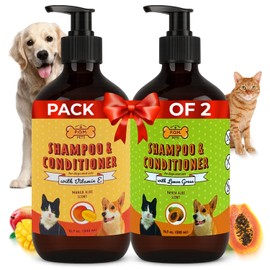 POM Pets 2 Pack 2-in-1 Organic Dog Shampoo & Conditioner – Itchy Skin Relief, Dog Deshedding, Detangles Fur, Cat Shampoo, Paw Cleaner for Dogs, Natural Coat Defense Formula