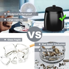 HONZUEN Outdoor Ashtray with Lid, Wind Ashtray Stainless Steel Ashtray Outdoor Storm Ashtray for Outdoor Table Ashtray Windproof for Garden Balcony, Black, XL