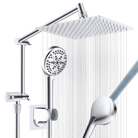 Metal Rain Shower Head, 10” High Pressure Rainfall Shower Head with Handheld Spray Combo, 10-Setting Handheld Built-in Power Wash, 16" Adjustable Extension Arm, 71" Hose, 3-Way Diverter, Chrome