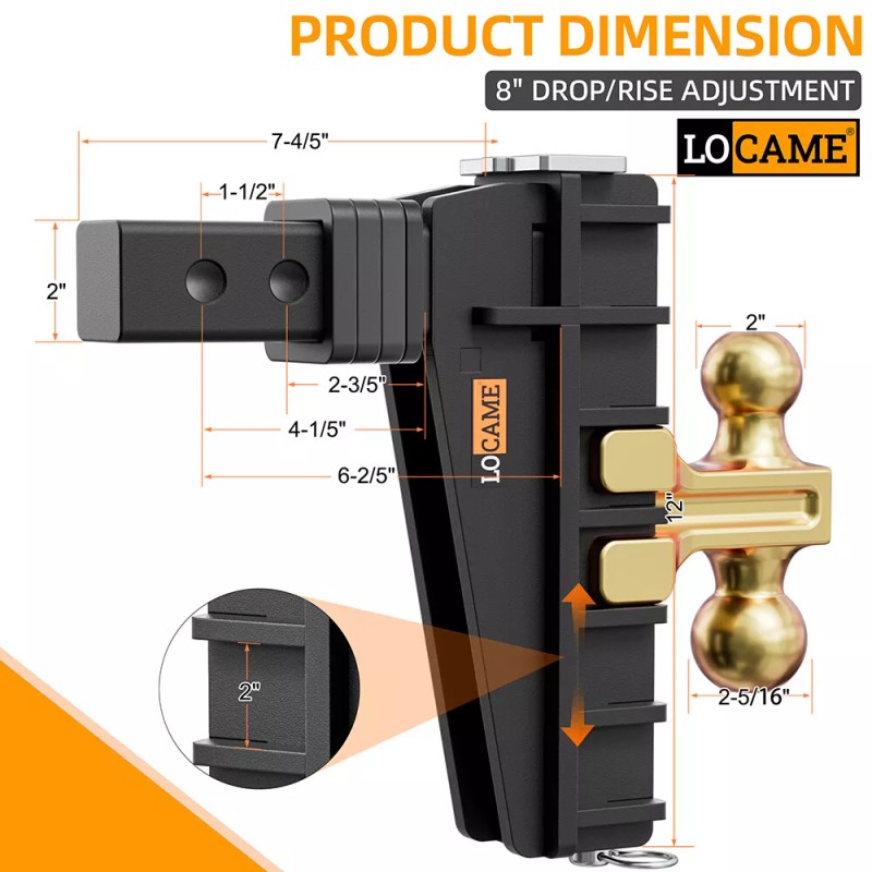 GWT Adjustable Trailer Hitch fits 2" Receiver 8" Drop Towing