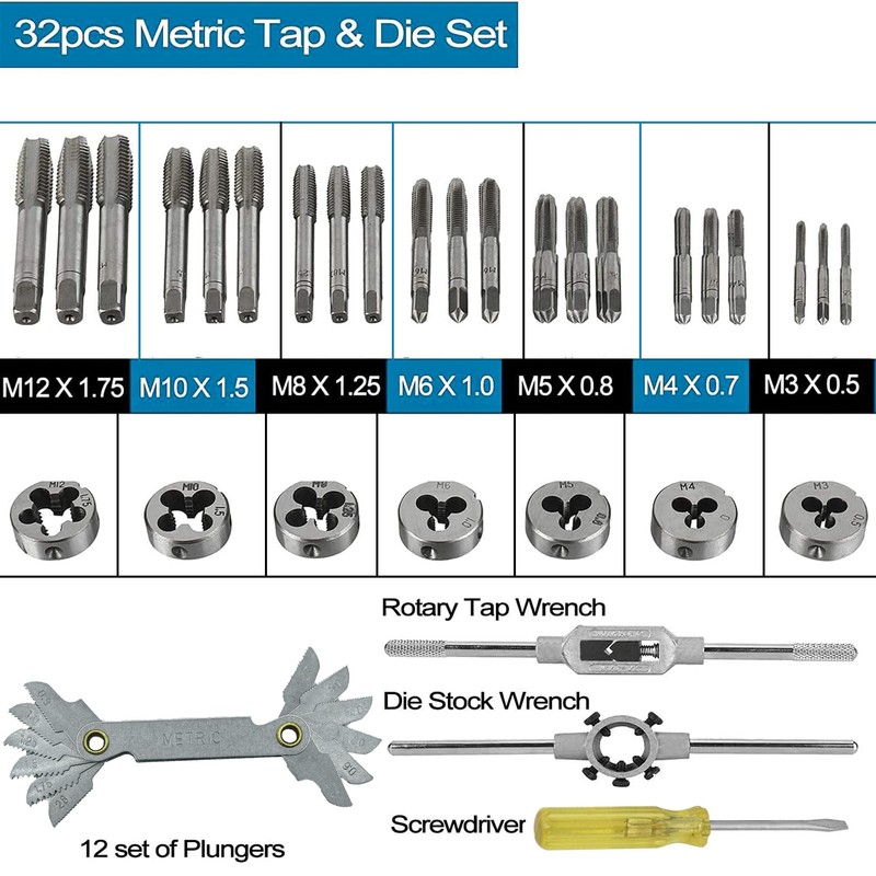KEWAYO 32pcs Tap and Die Set, Metric SAE Screw Thread