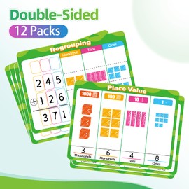 Laffunz 12 PCS Place Value Chart Dry Erase Flash Cards, Addition and Subtraction Learning Math Games for Kids, Base Ten Board Math Manipulatives 1st 2nd 3rd Grade Teacher Classroom Must Haves