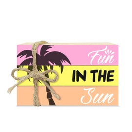 Mini Decorative Books For Home Decor, Small Holiday Beach Faux Wood Book Stack Decors, Fun In The Sun Hawaii Stack Book Decor, Stacked Display Book For Home Book Shelf Nightstand, Three Pieces -A(50)