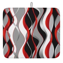 Kitchen Drying Mat for Counter 3D Abstract Lines on Black Absorbent Dish Mats Foldable Microfiber Drainer Pad Red White Grey Gradient Wave Plate Holder Mat for Countertop Sink Decor 16x18In