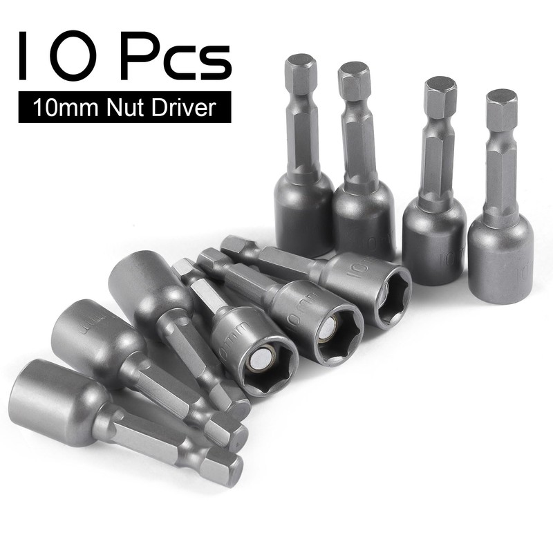 10-Piece Nut Driver Bit Set, 10mm 6-Point Socket 1/4" Hex