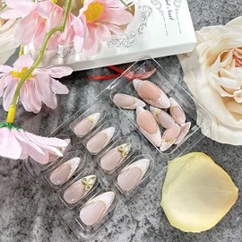 French Tip Press on Nails Almond Medium Artificial Acrylic Fingernails Gold 3D Bow with Golden Stripes Design Glossy Stick on Nails Full Cover Reusable Coffin False Nail for Women Supplies 24Pcs