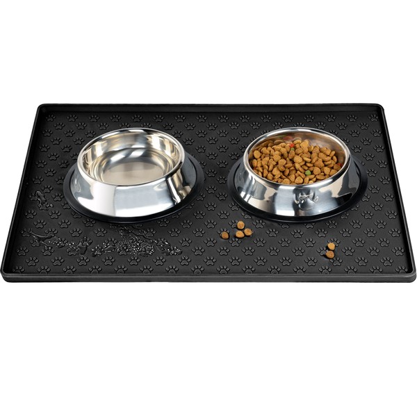 Dog Cat Pet Food Mat for Floor Dog Feeding Bowl Mat for Food and Water Raised Edges Dog Cat Mat for Food and Water Prevent Spill on Floor Waterproof Slip Rubber Mat for Dog Bowls